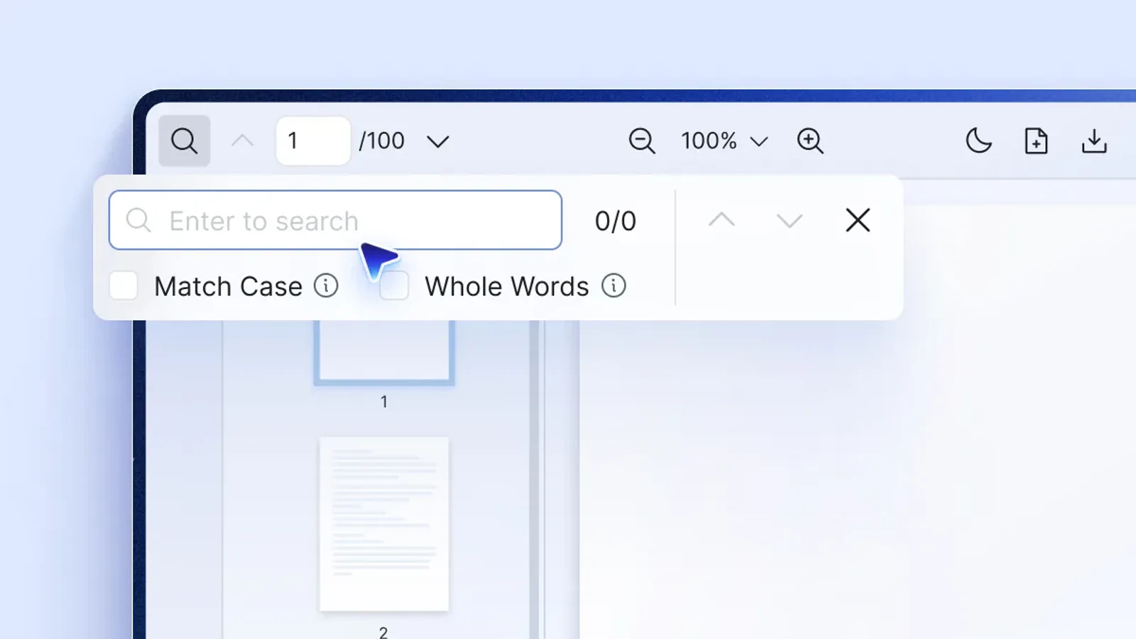 React PDF Kit live PDF viewer showing toolbar, search panel, and page navigation controls in browser