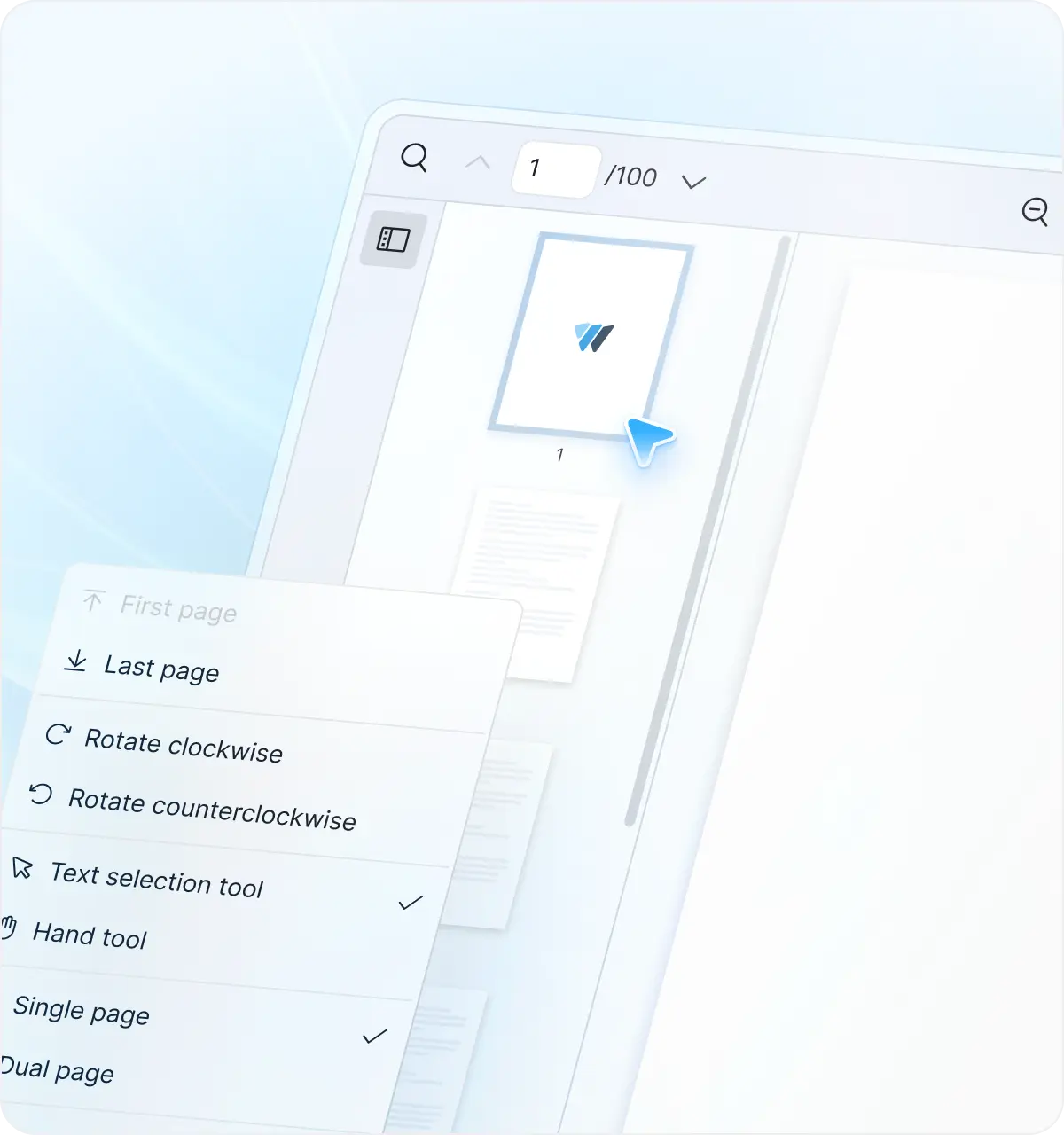 React PDF viewer component showing open toolbar menu with navigation and rotation controls