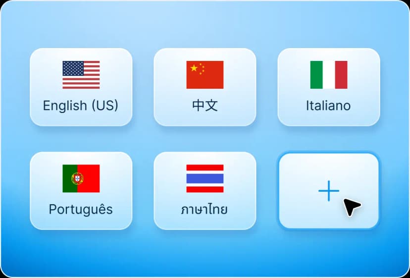 React PDF Kit localization panel showing built-in language options including English, French, and Italian