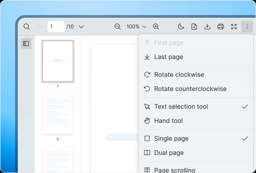 React PDF Viewer interactive tools panel showing text mode, hand mode, and document rotation controls