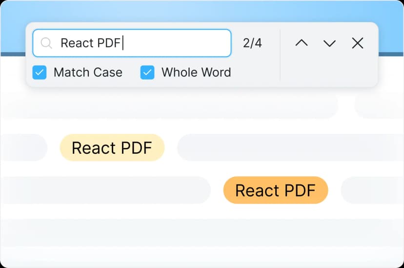 React PDF Viewer search panel with match case, whole word, and highlight all options in a React app