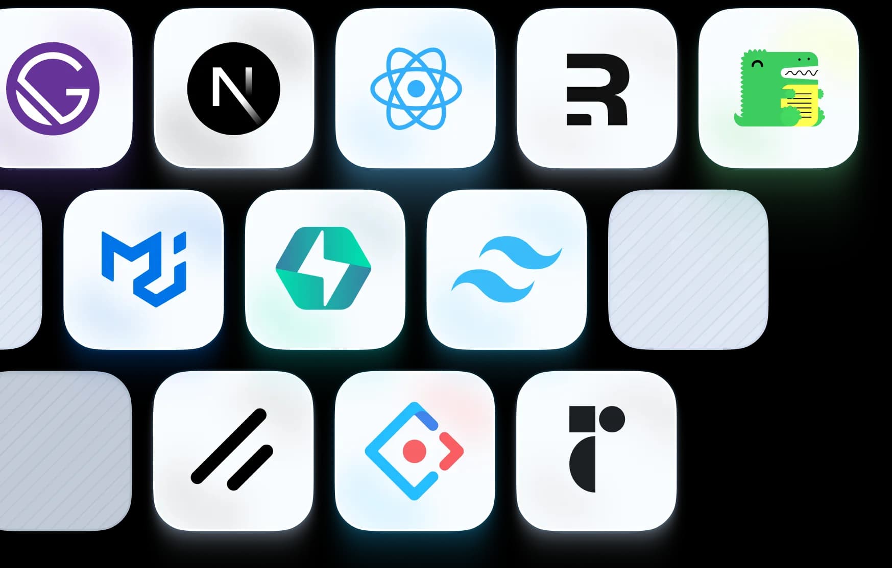 Framework and UI-library logos supported by React PDF Kit, including Next.js, React, Gatsby, Remix, and Tailwind CSS