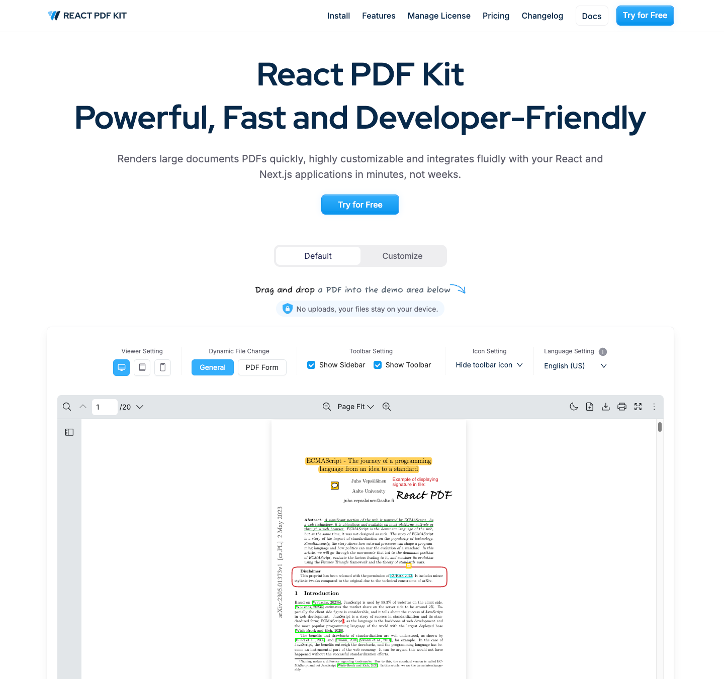 React PDF Kit PDF viewer rendering a document with toolbar inside a React app