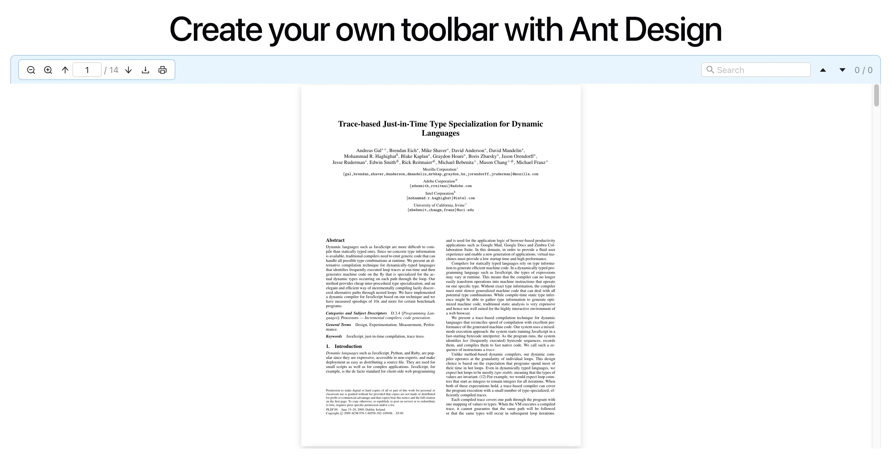 React PDF Kit custom toolbar built with Ant Design Card and Flex wired through Context hooks