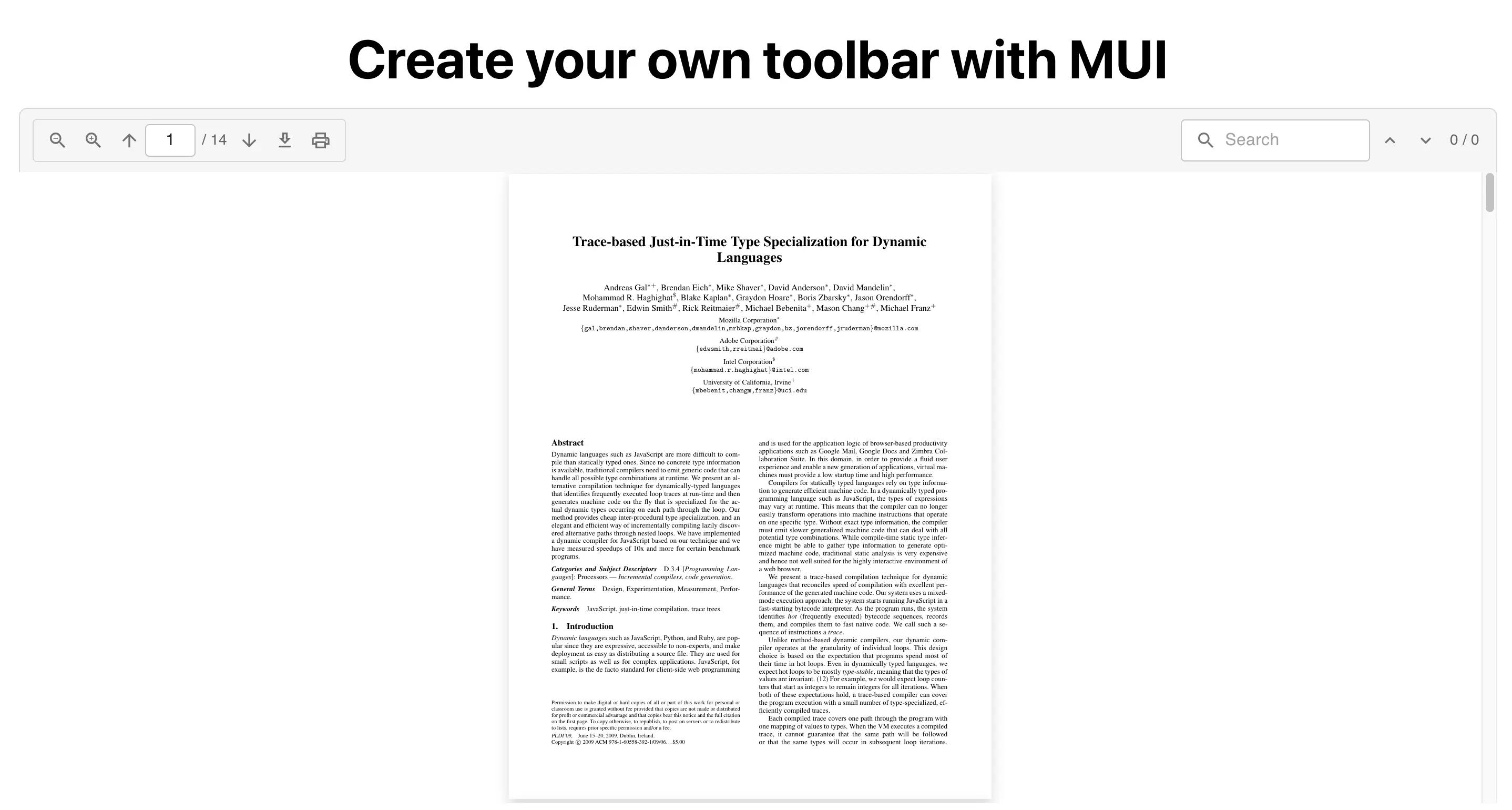 React PDF Kit custom toolbar built with MUI Paper and Toolbar components wired through Context hooks