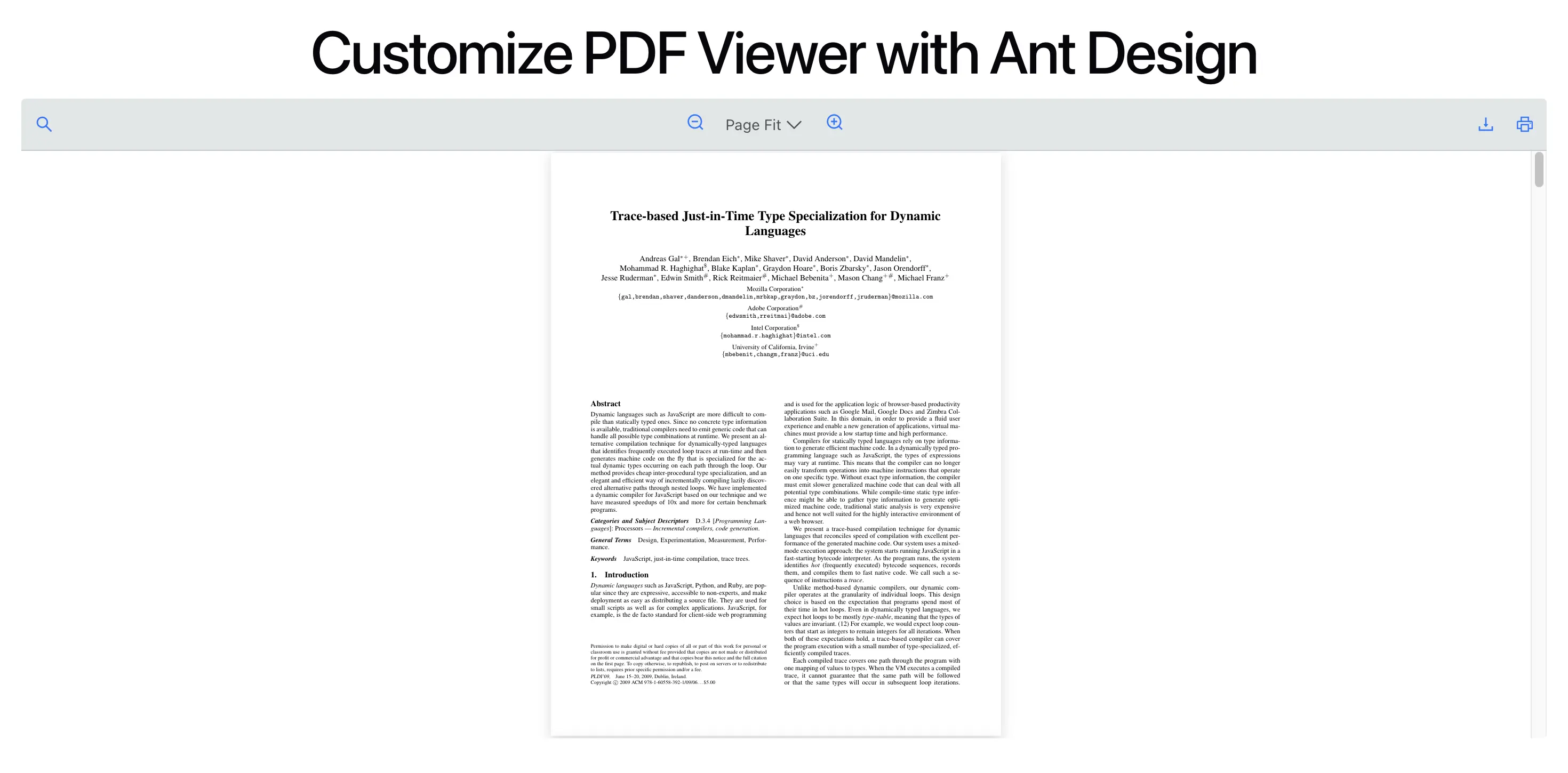 React PDF Viewer default toolbar built with RPHorizontalBar and Ant Design icons replacing the default set