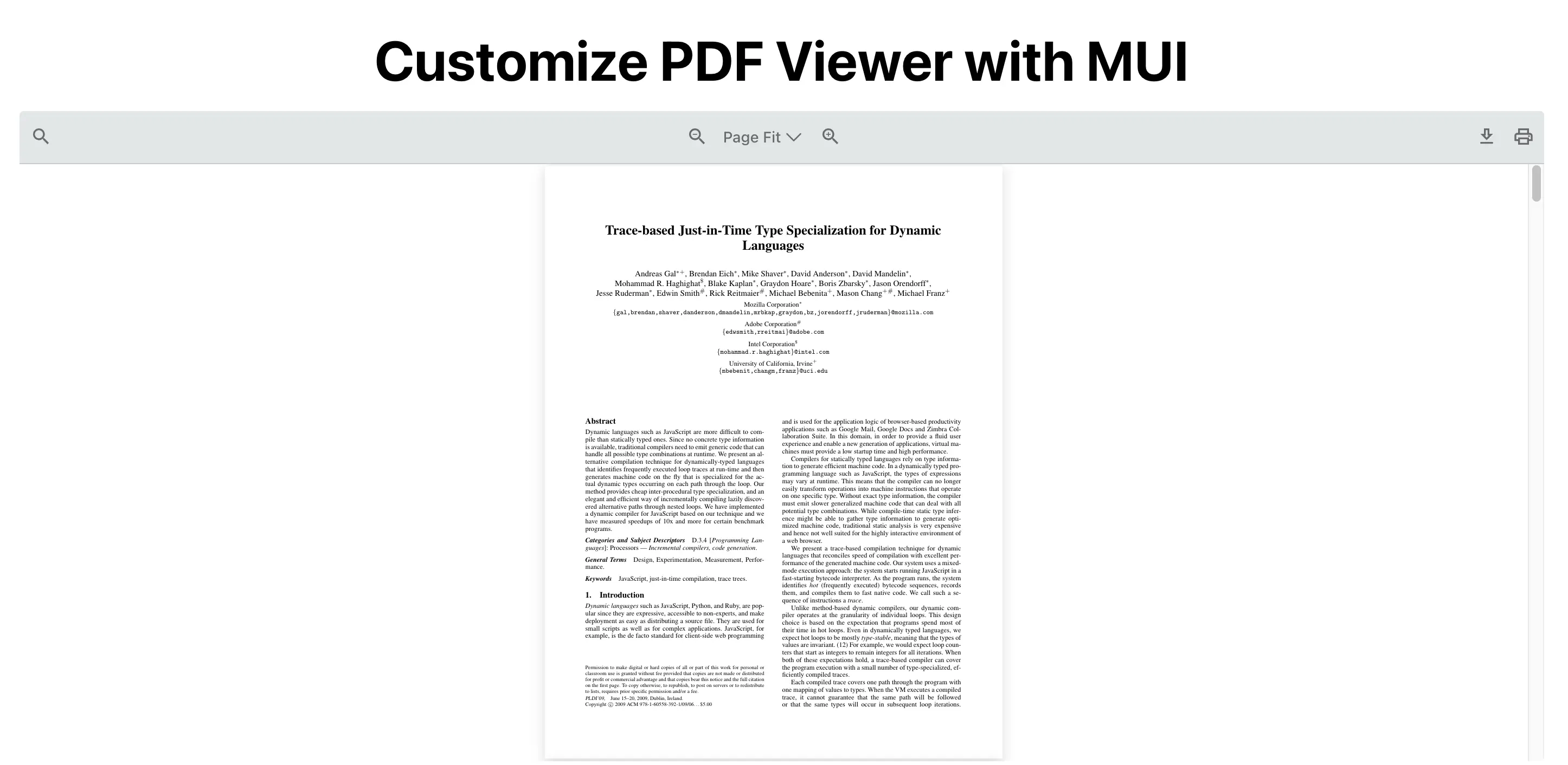 React PDF Viewer default toolbar built with RPHorizontalBar and MUI icons replacing the built-in icon set