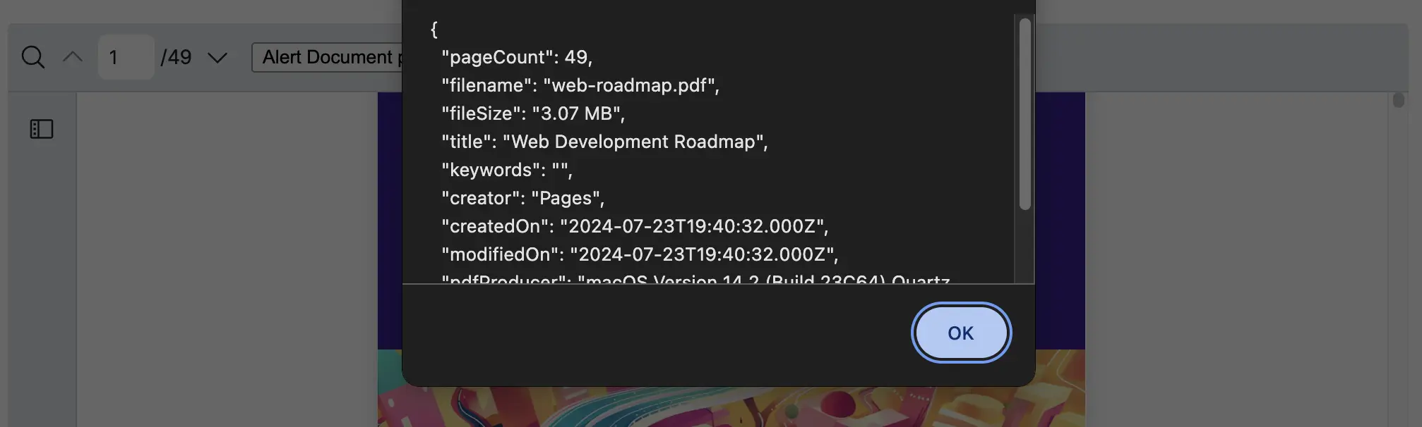 React PDF Kit document properties alert shown after clicking a custom toolbar button using useDocumentContext
