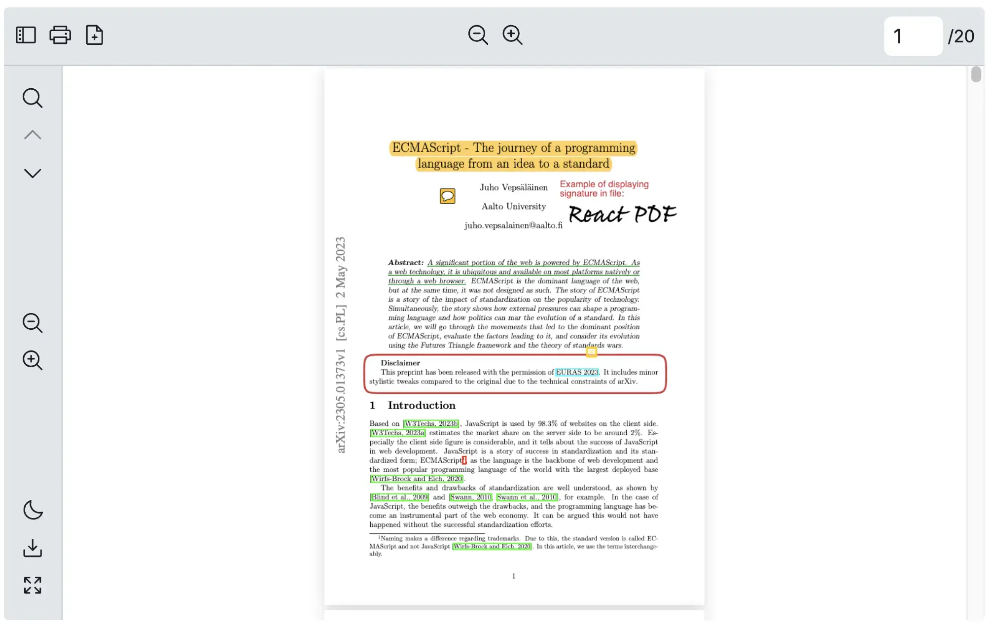 React PDF Viewer toolbar example showing tools rearranged into a custom order within the horizontal bar