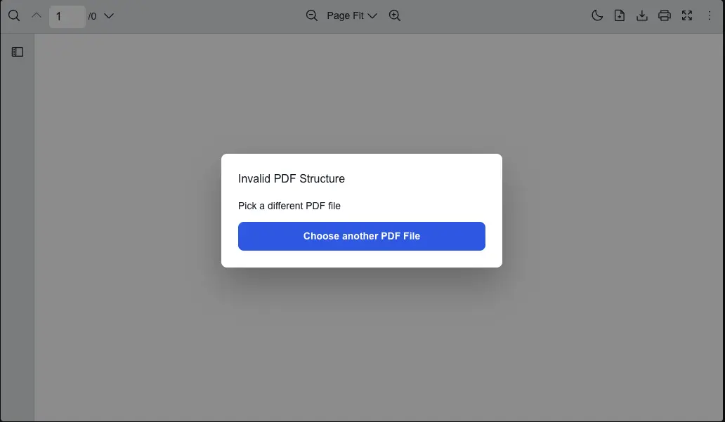 Error message when the viewer fails to load an invalid PDF file