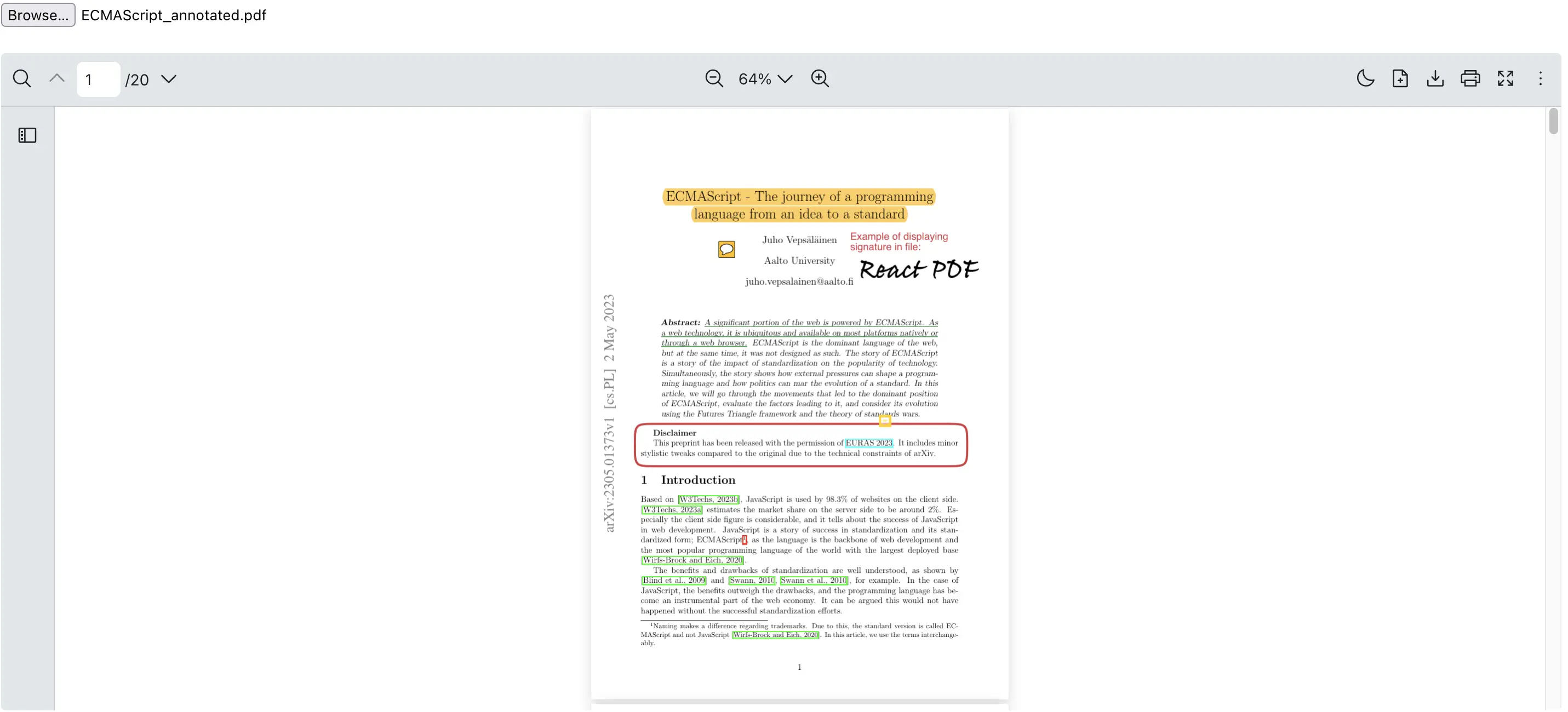 React PDF Kit viewer rendering a PDF selected by user via local file input element