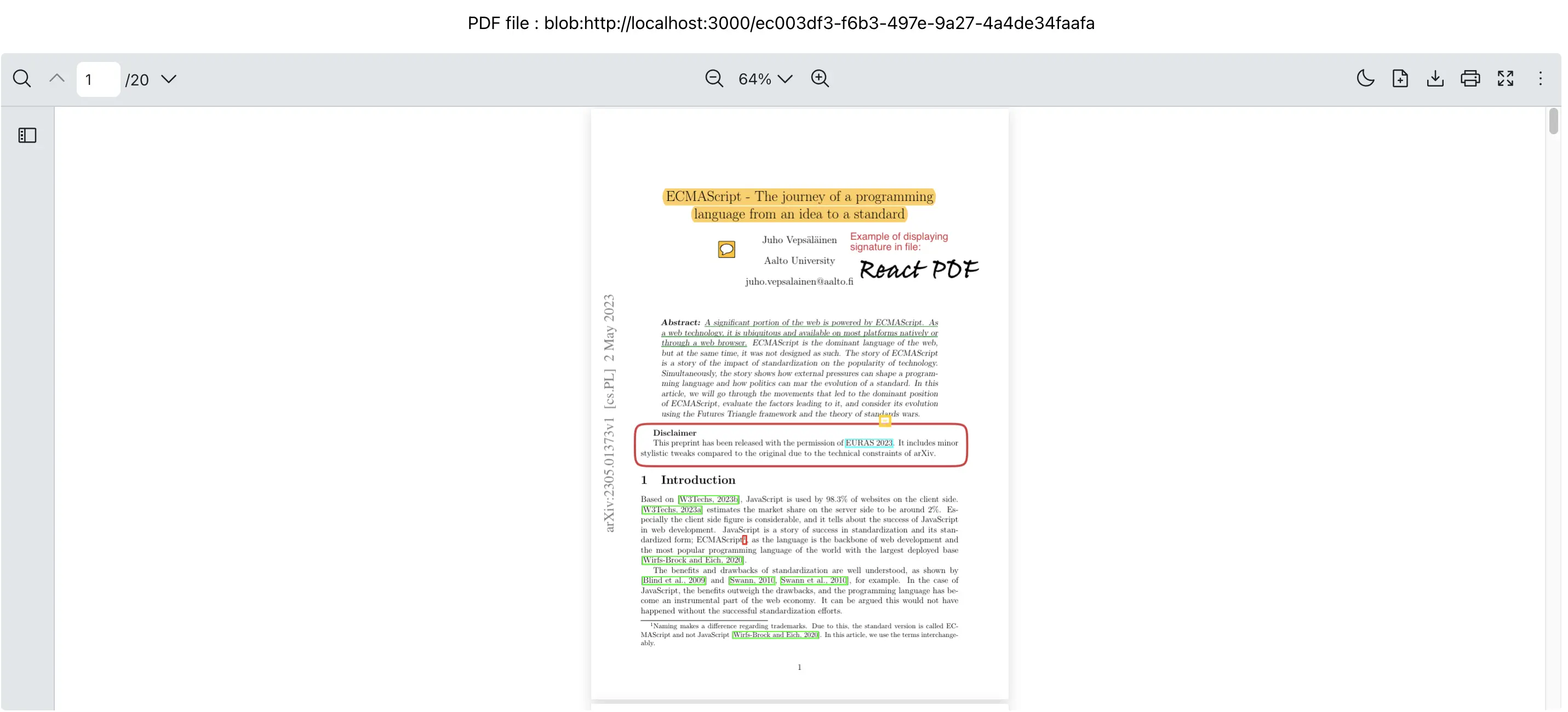 React PDF Viewer rendering a PDF loaded from an API response Blob with toolbar and pagination