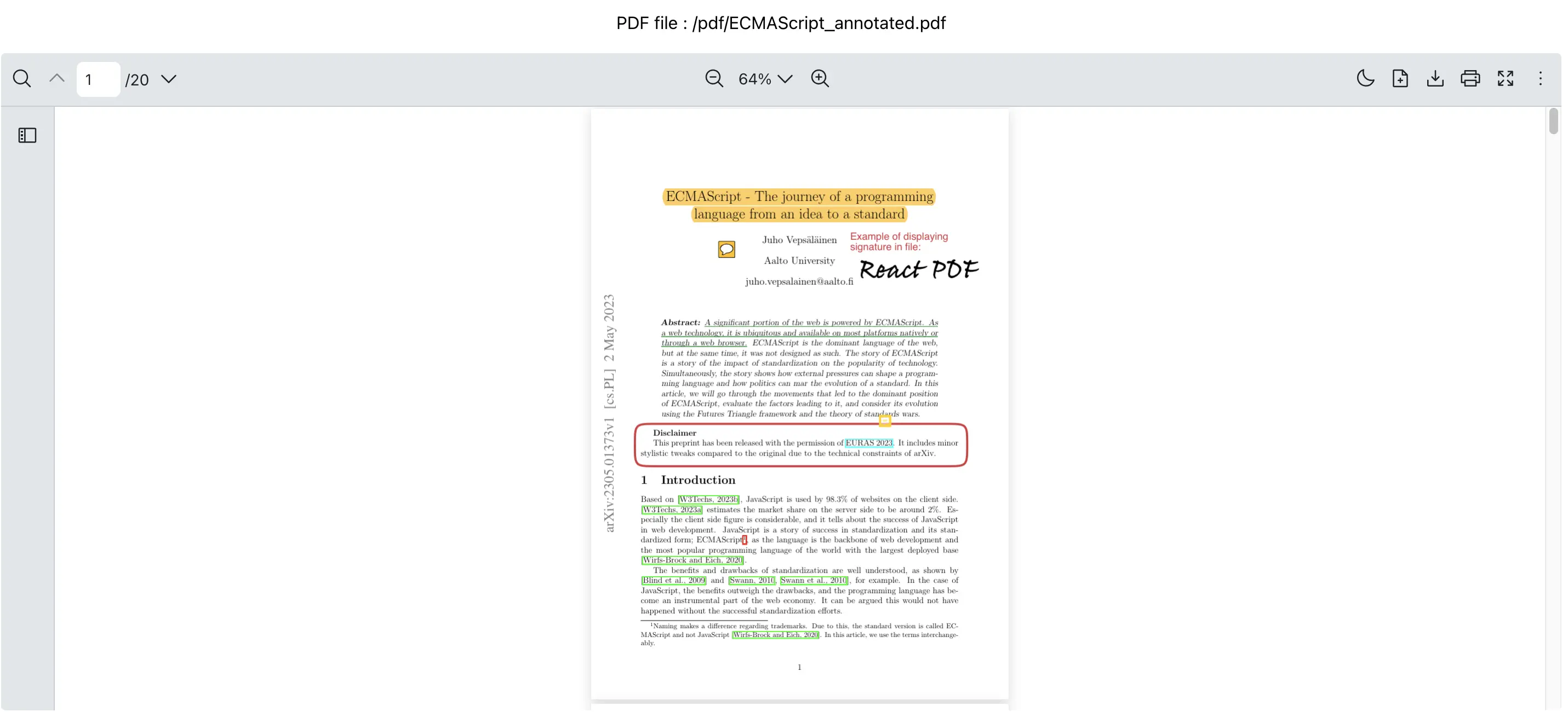 React PDF Viewer displaying an ECMAScript annotated PDF loaded from the project's public folder