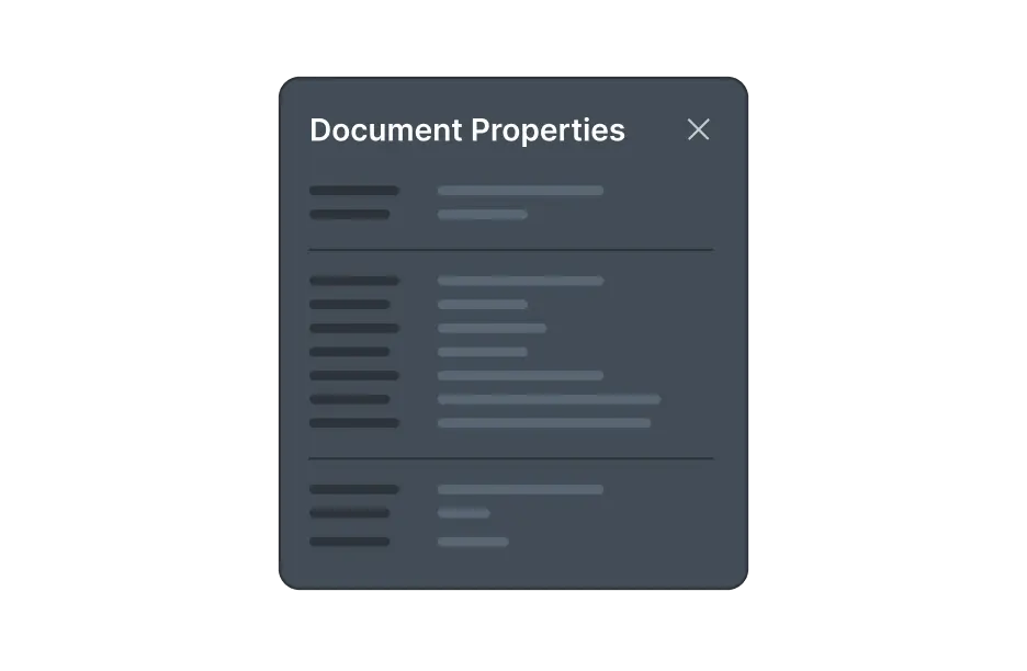 React PDF Viewer document properties panel in dark mode showing file metadata