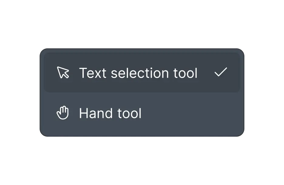 React PDF Viewer text selection mode with highlighted text passage in dark mode