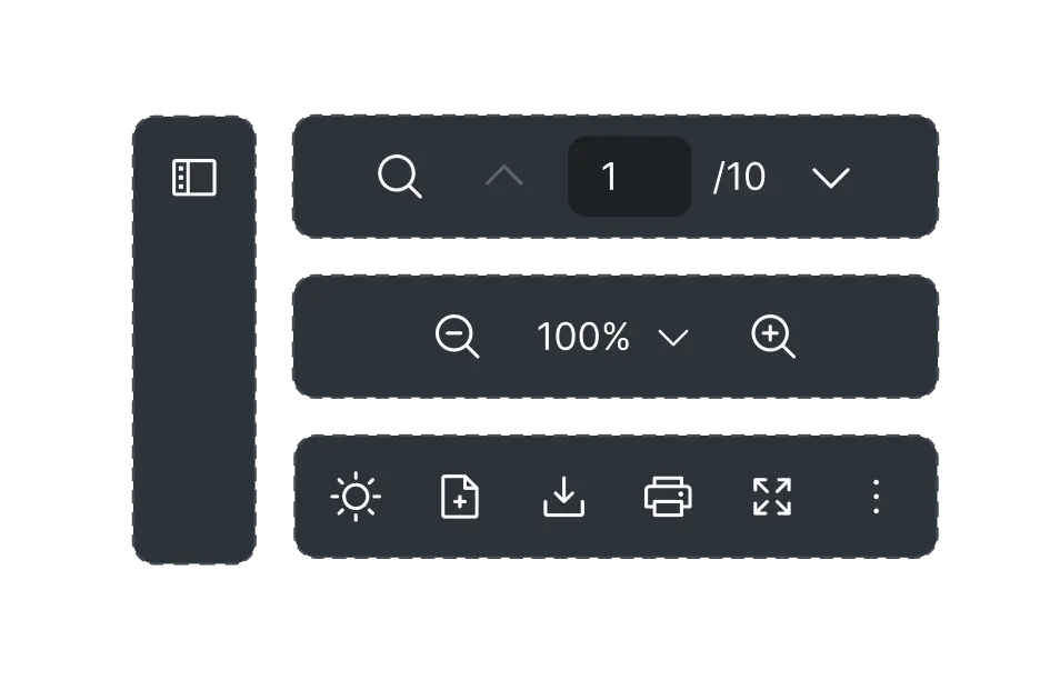 React PDF Viewer custom toolbar builder with button layout controls in dark mode