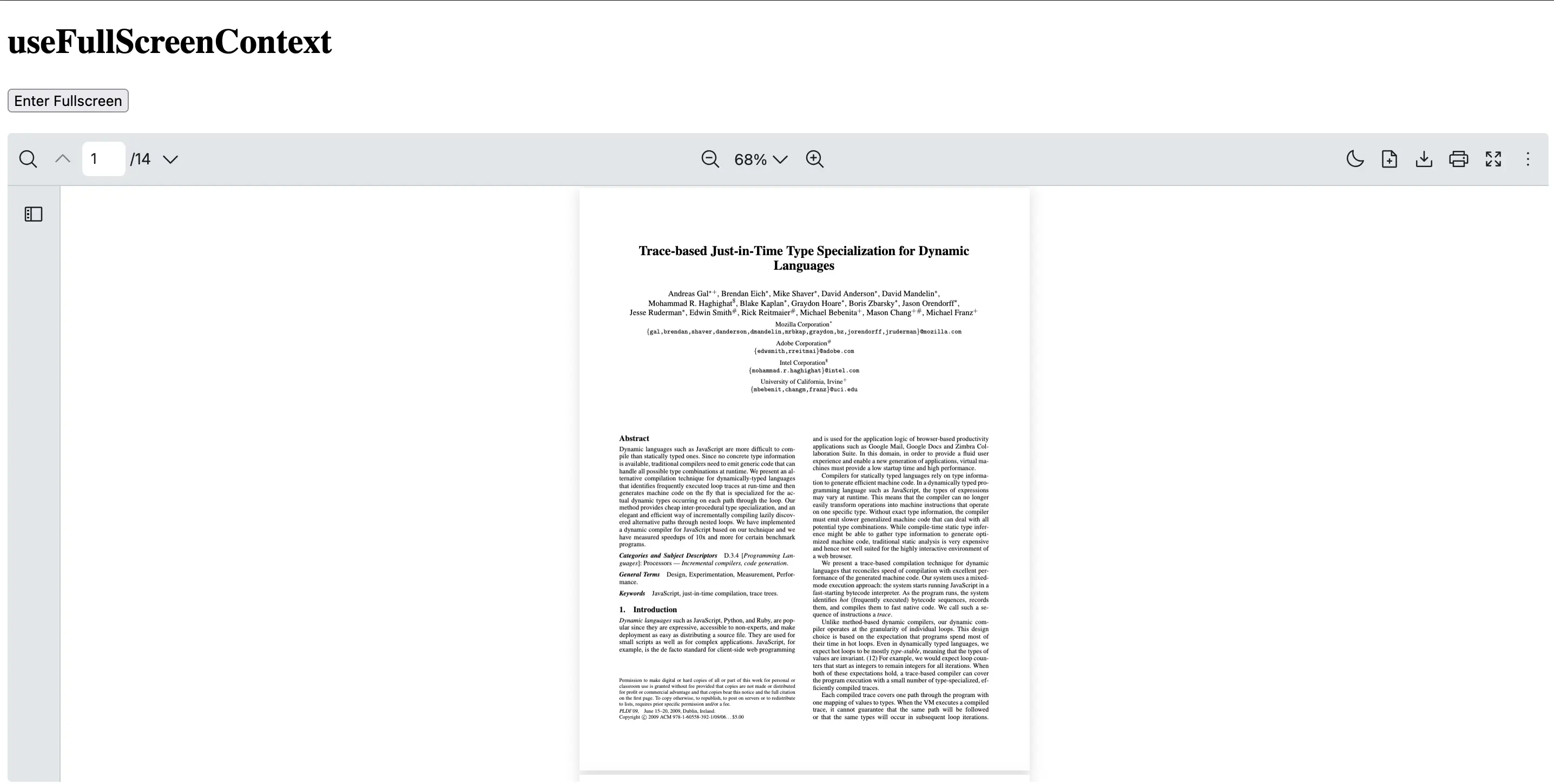 React PDF Viewer fullscreen mode toggle button rendered with the useFullScreenContext hook in custom controls