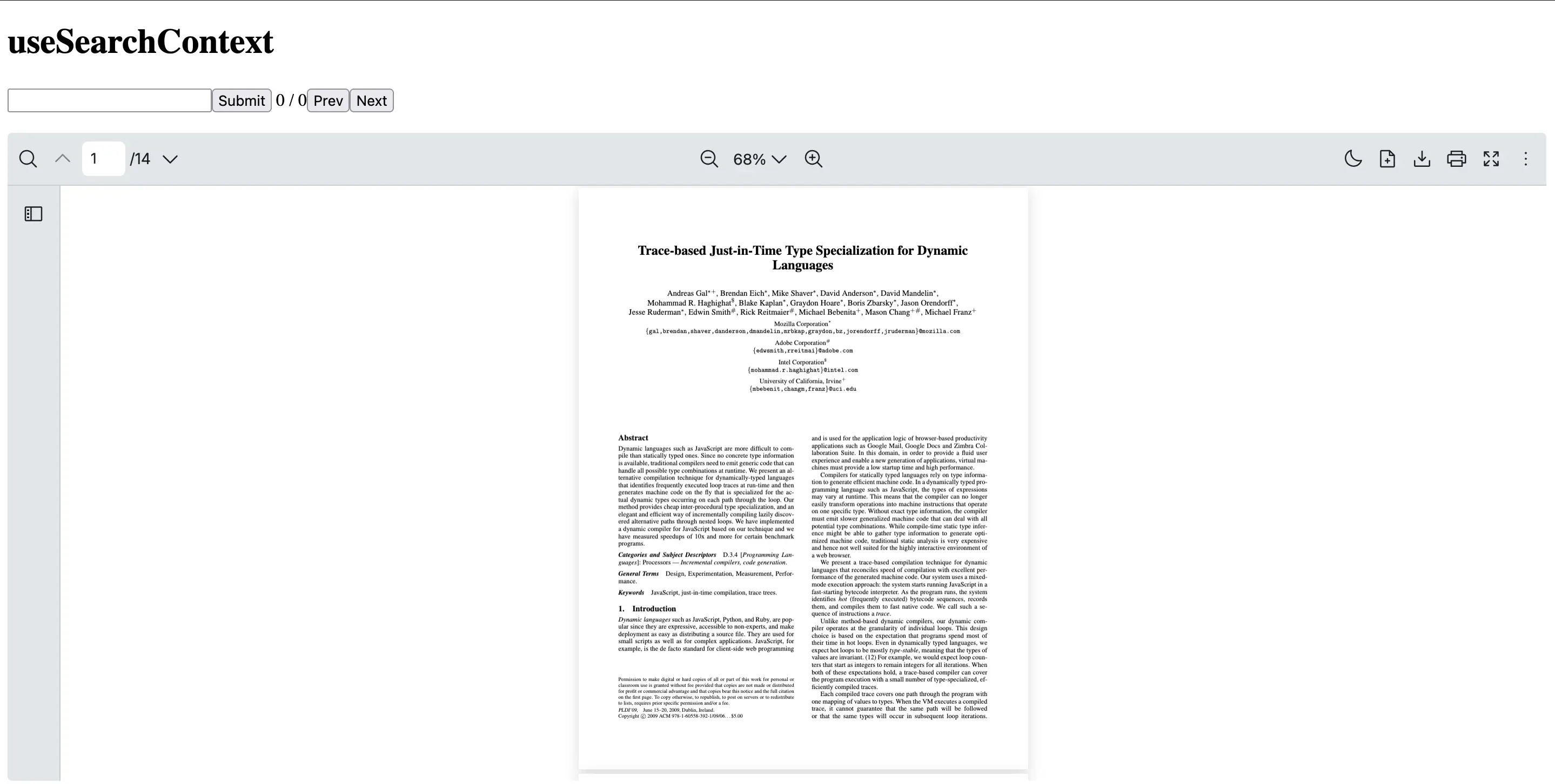 React PDF viewer custom search bar built with useSearchContext hook showing input, submit button, and match navigation