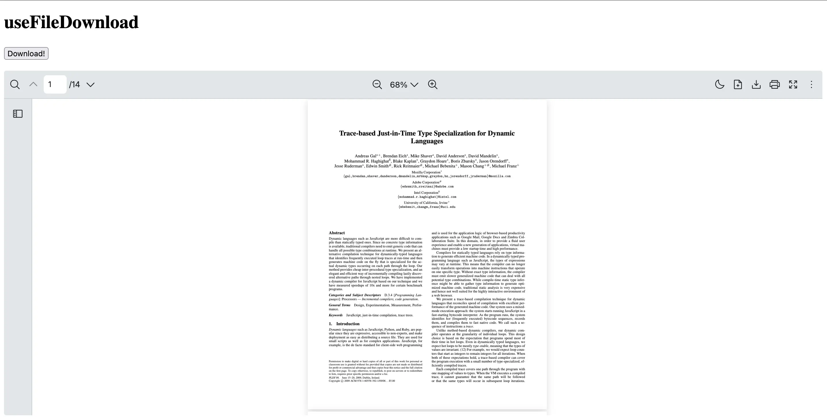 React PDF Viewer with a custom download button rendered above the toolbar using the useFileDownload hook