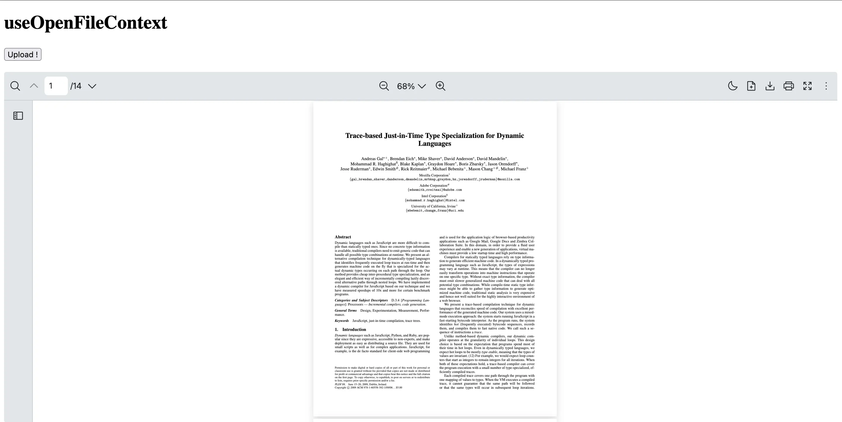 React PDF Viewer with custom upload button created using the useOpenFileContext hook to trigger file selection