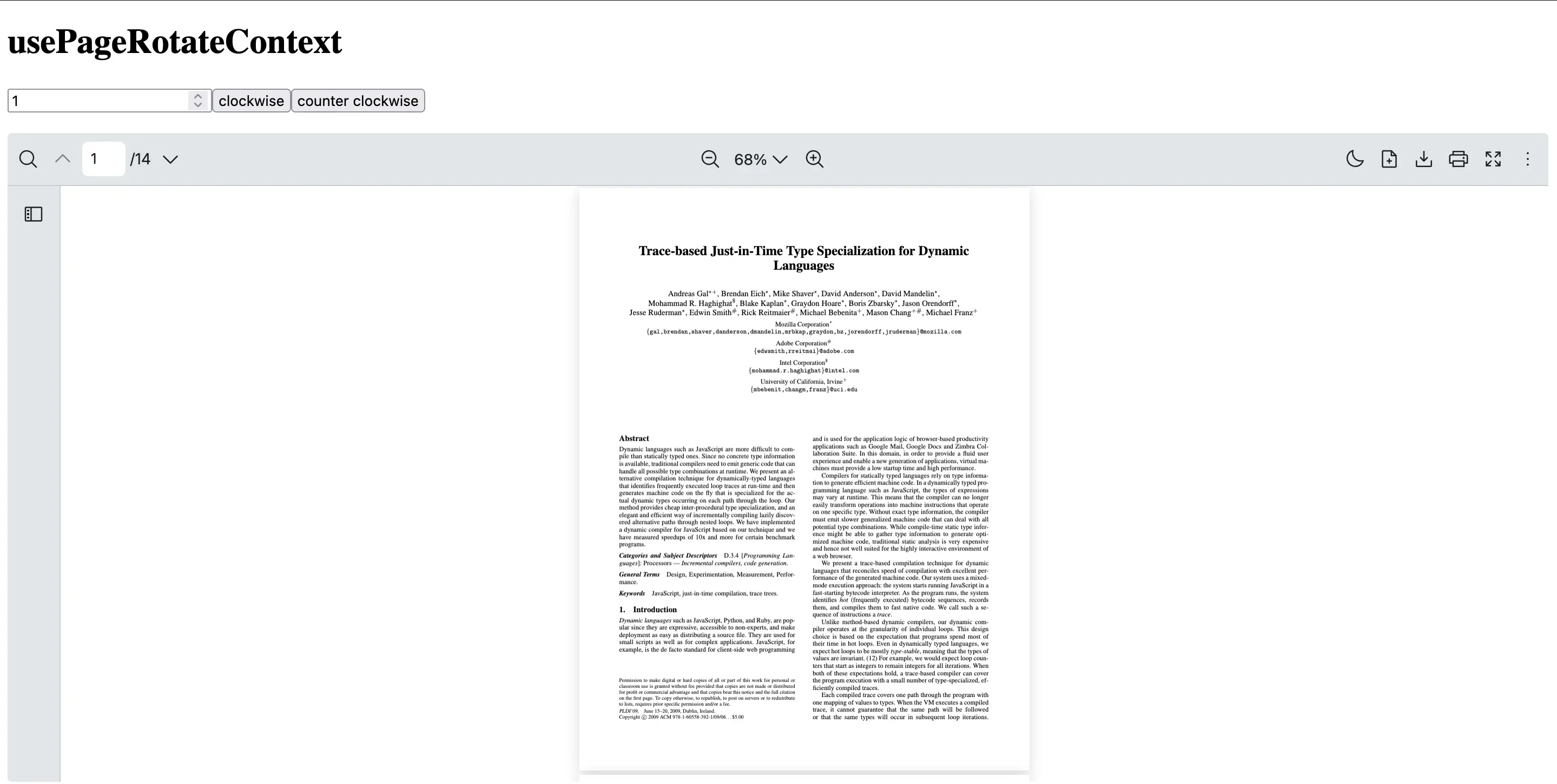 React PDF Viewer with custom clockwise and counterclockwise rotate buttons next to a single page