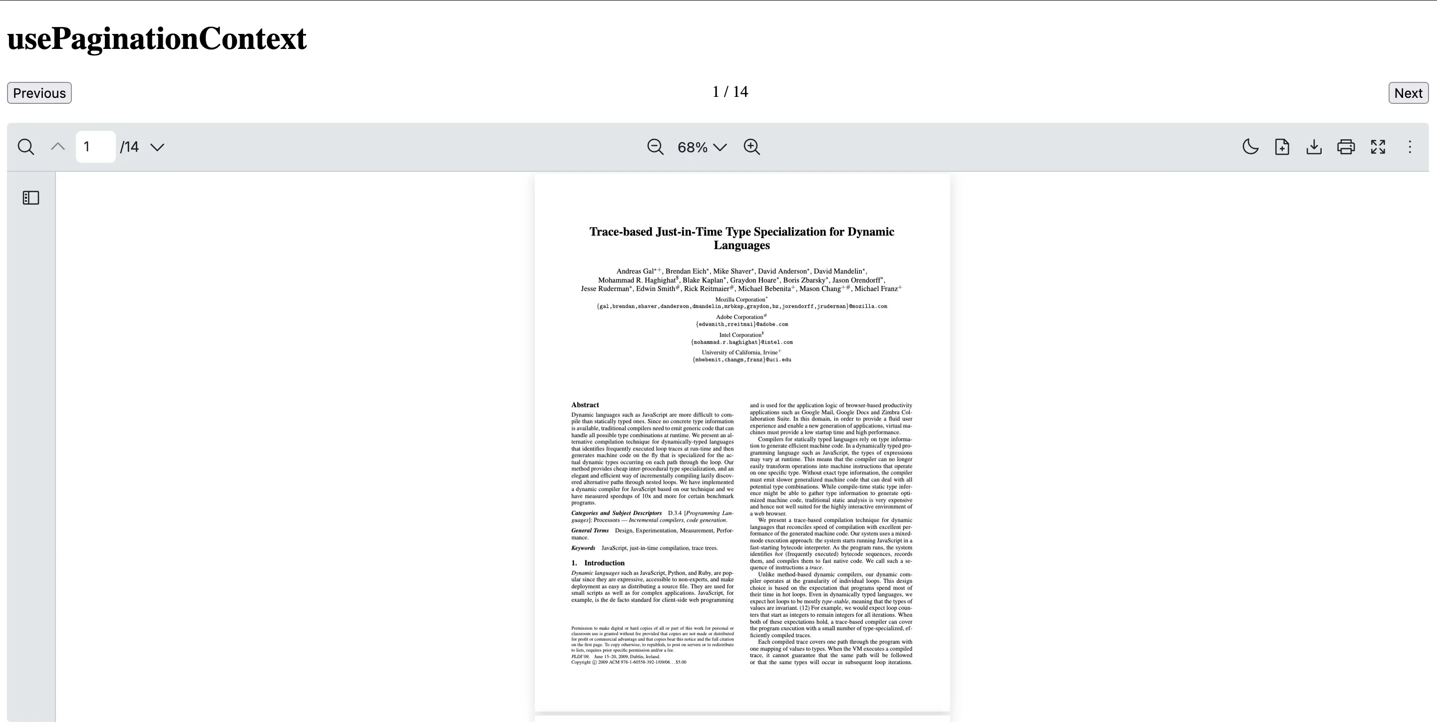 React PDF Viewer with custom pagination controls showing current page counter and previous next navigation buttons