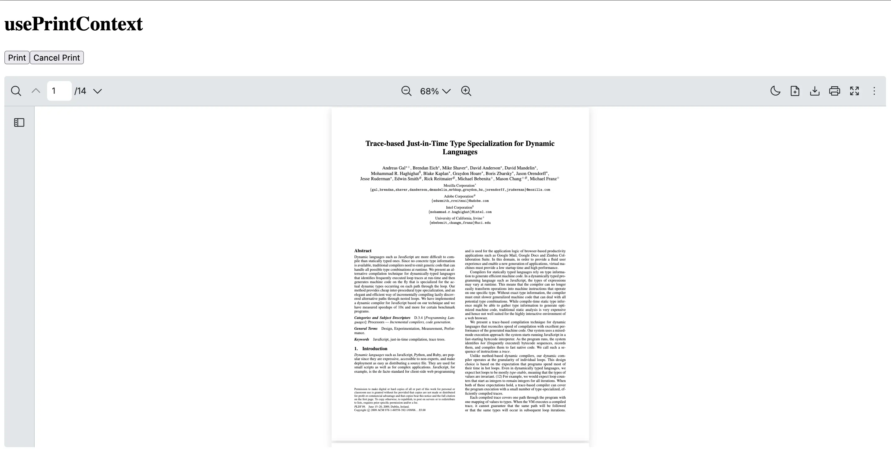 React PDF Viewer UI showing custom print and cancel buttons built with the usePrintContext hook