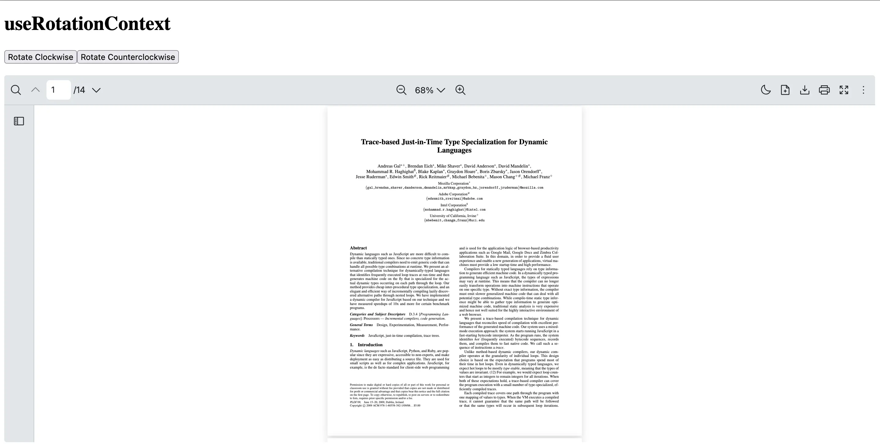 React PDF Viewer screen showing custom clockwise and counterclockwise rotate buttons wired to the useRotationContext hook