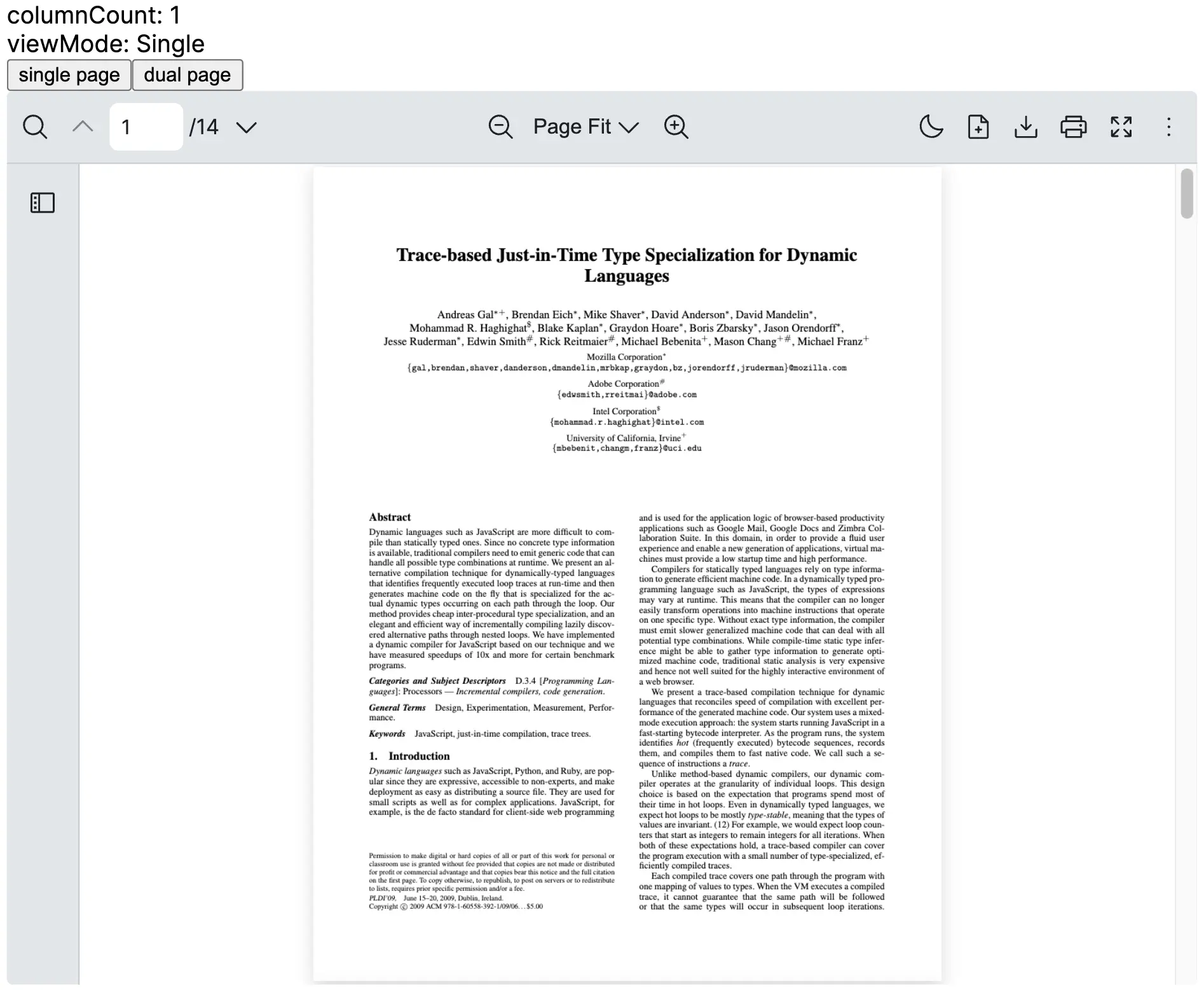 React PDF viewer page layout switcher built with useViewModeContext hook for single and dual page views