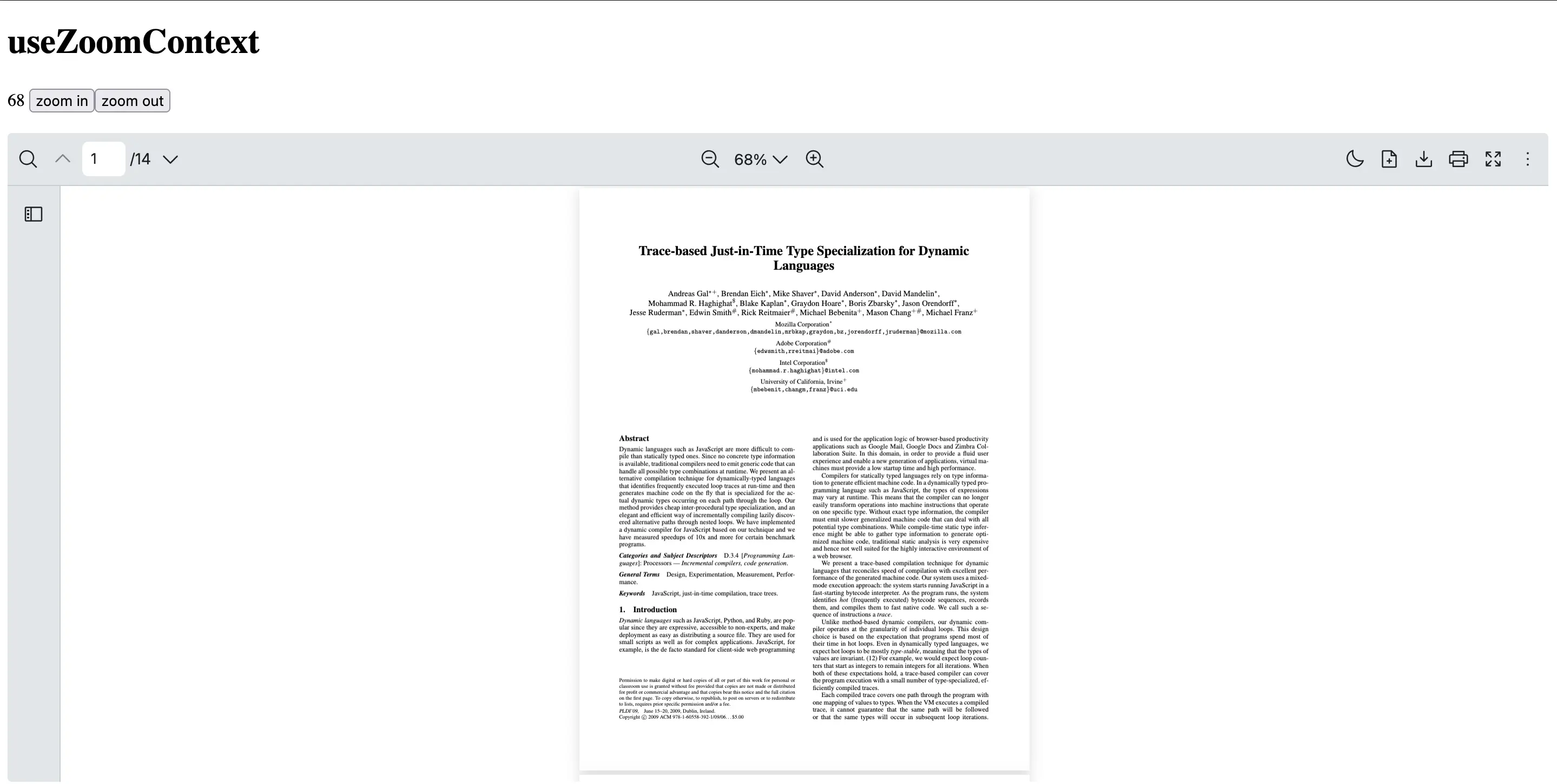 React PDF viewer zoom controls UI using useZoomContext hook with zoom in and zoom out buttons