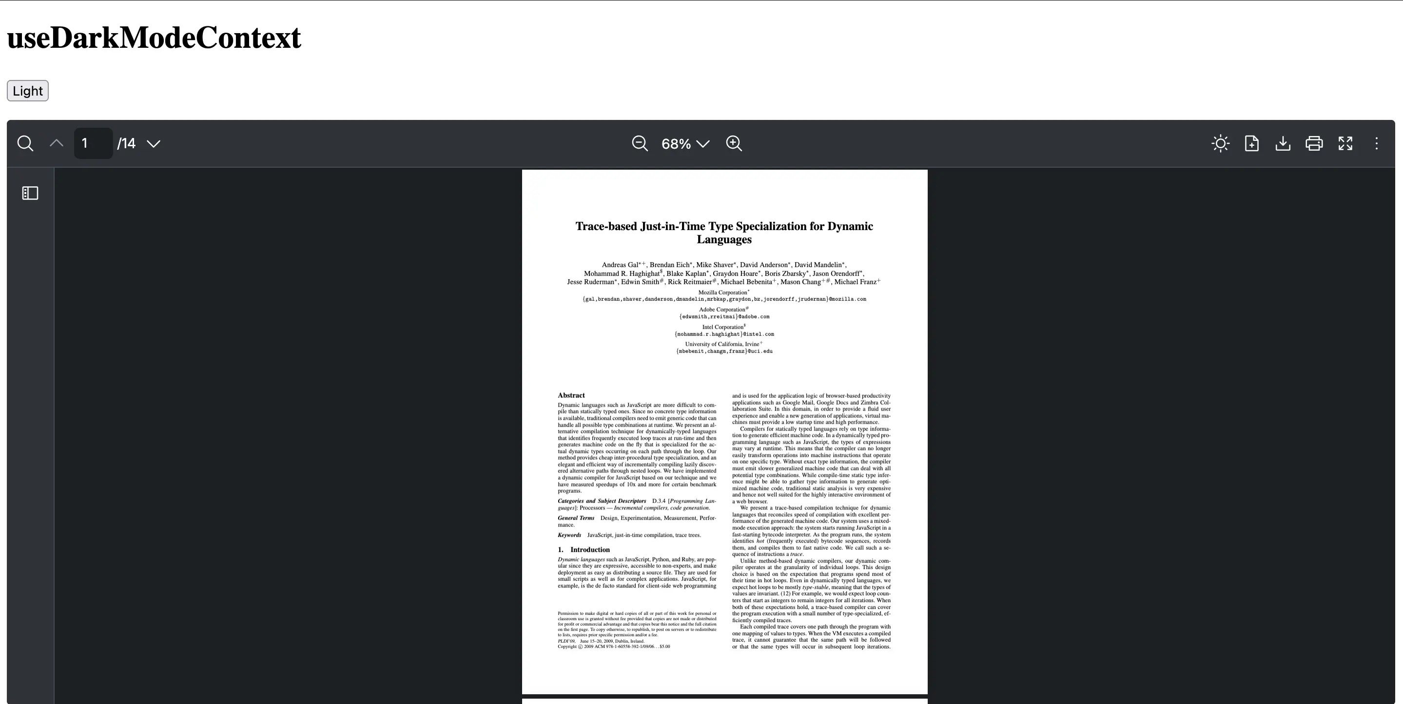 React PDF Viewer dark mode toggle button rendered above the toolbar built with the useDarkModeContext hook