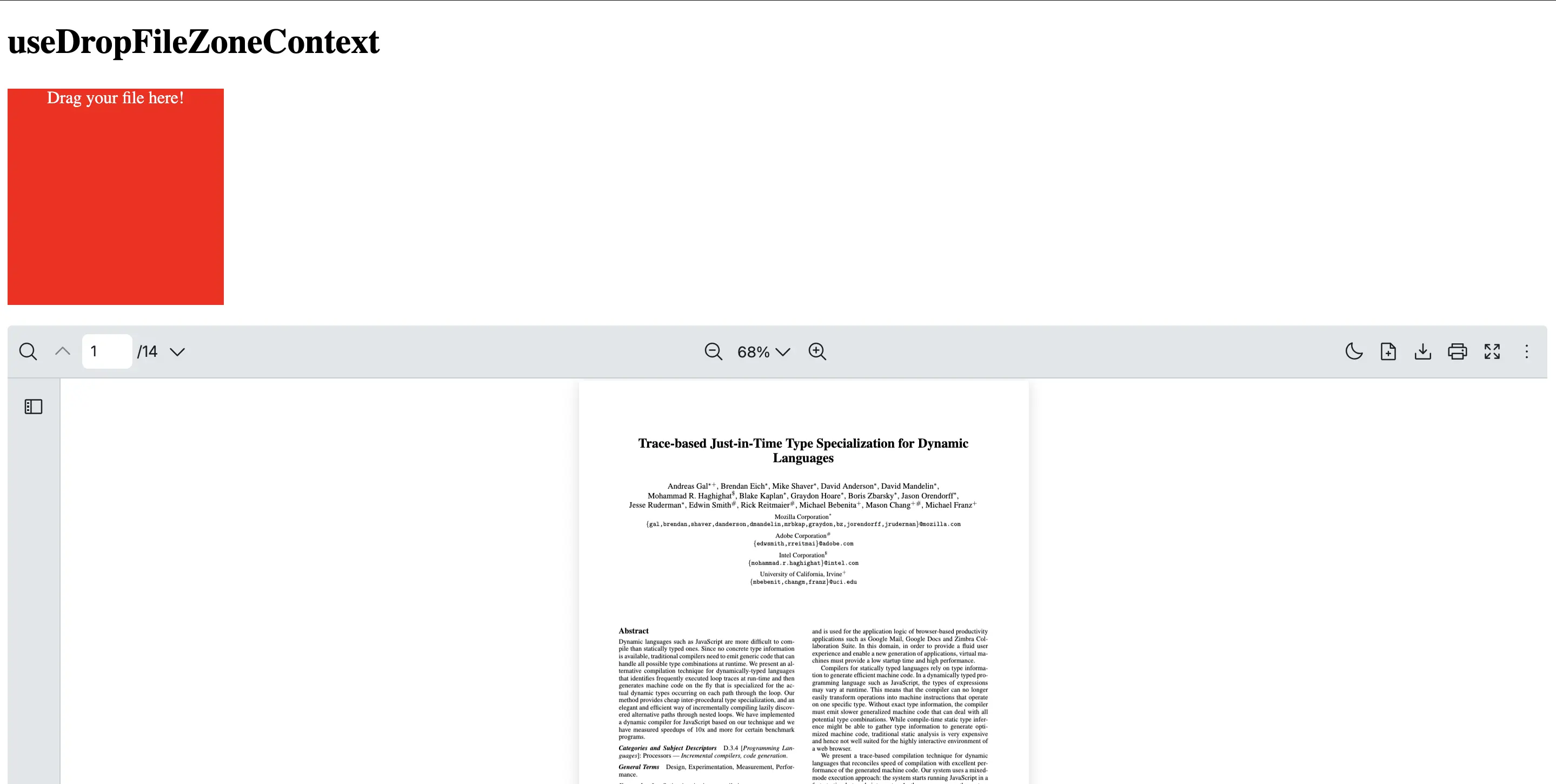 React PDF Viewer custom drag-and-drop zone built with the useDropFileZoneContext hook showing red drop area for PDF upload.