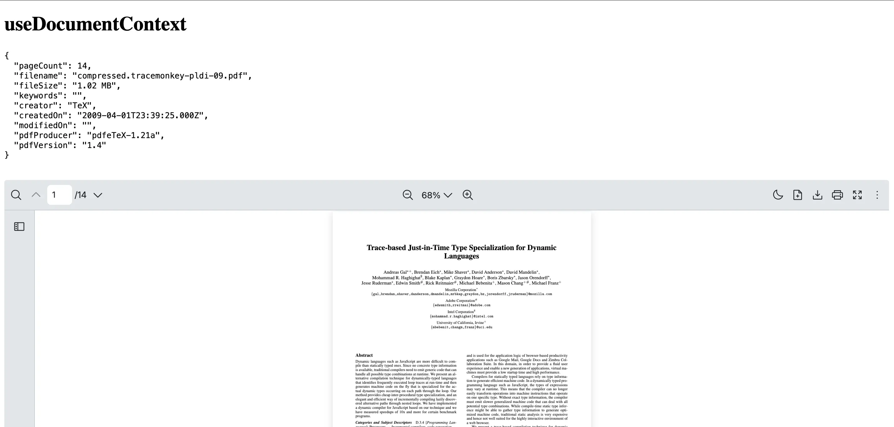 useDocumentContext hook output showing PDF metadata as JSON beside a rendered React PDF Viewer and toolbar