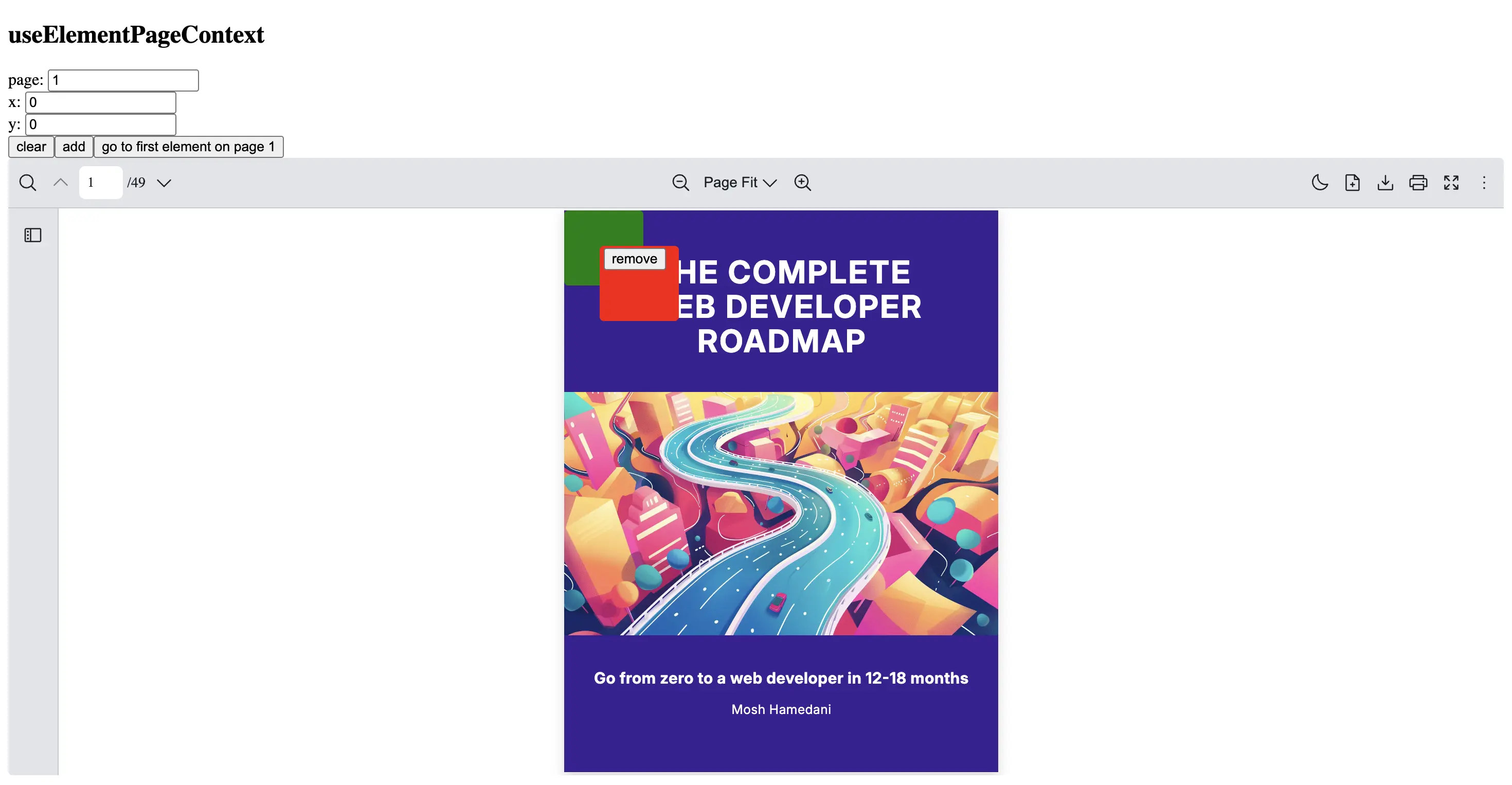 React PDF Viewer showing custom green and red elements added to a page via useElementPageContext hook