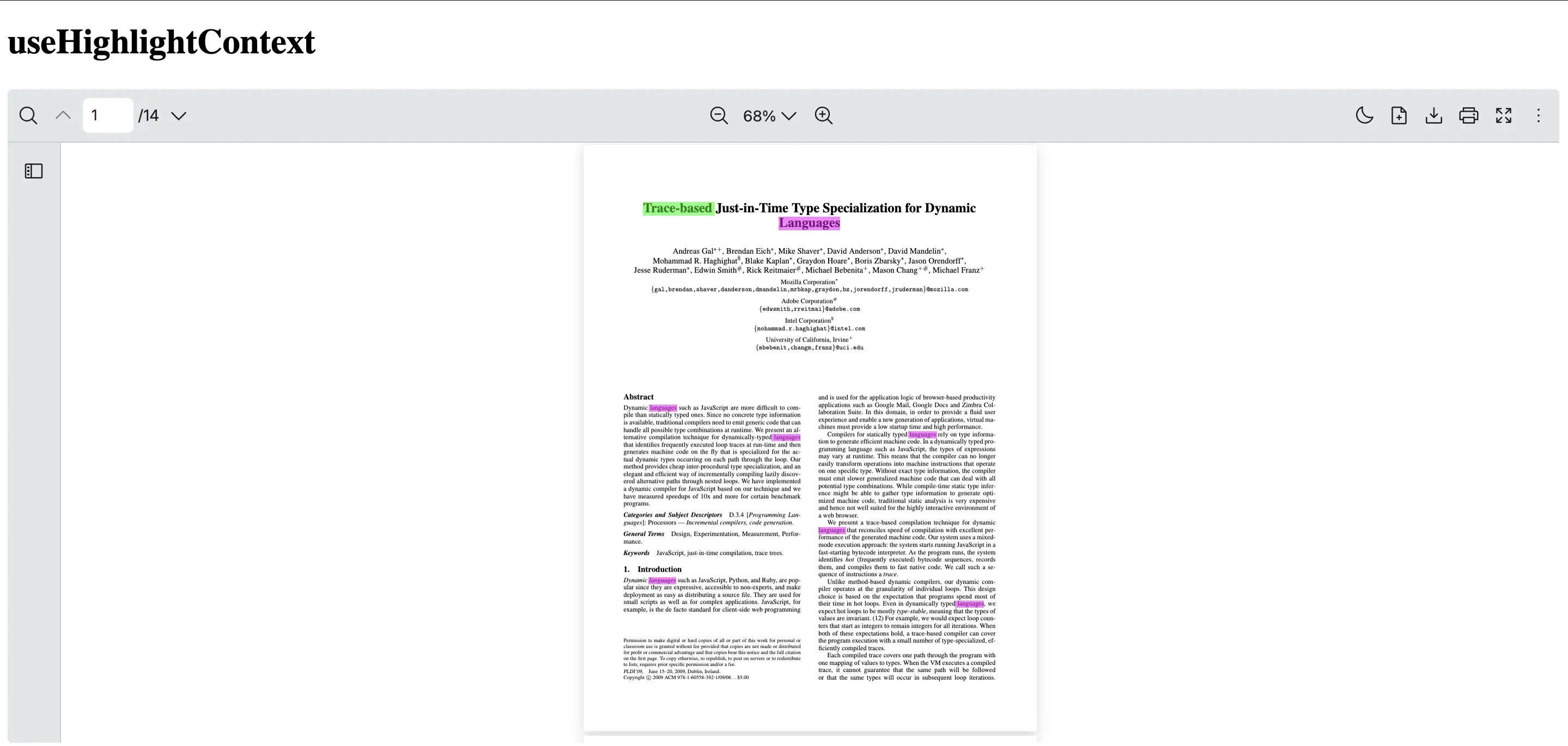 React PDF Viewer displaying useHighlightContext hook output with multiple keywords highlighted in different colors