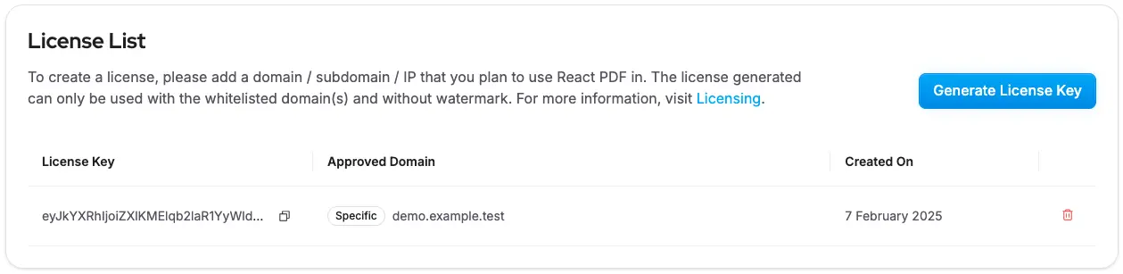 React PDF Kit license manager showing a specific host domain token entry form