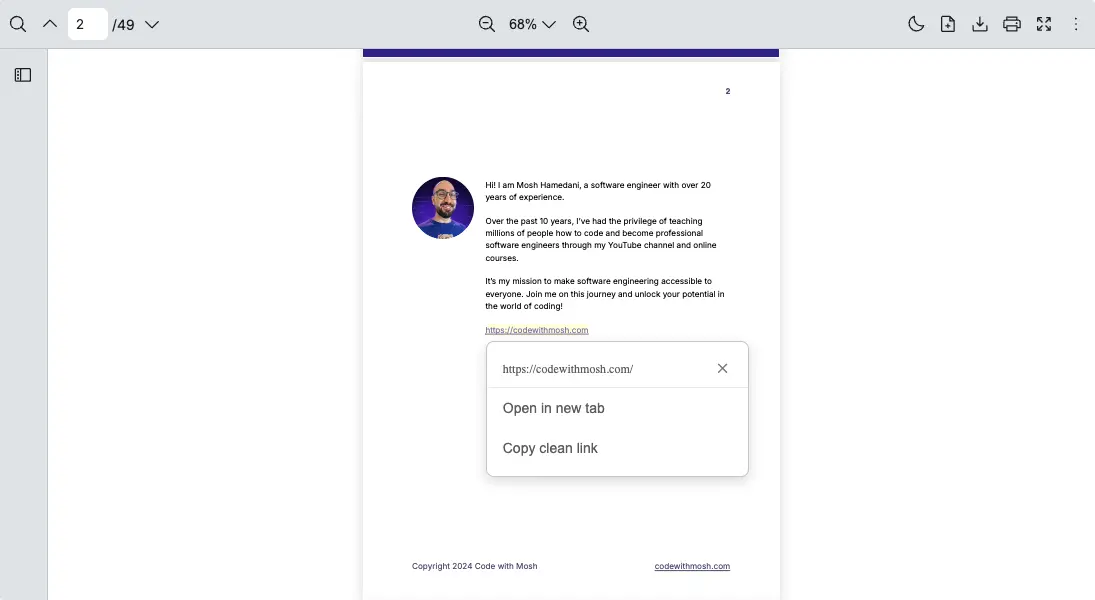 React PDF Viewer annotation layer hyperlink dropdown showing open in new tab and copy link options